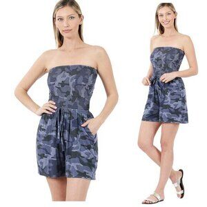 Zenana Women's Blue Camo Strapless Romper w/ Pockets - Size Small